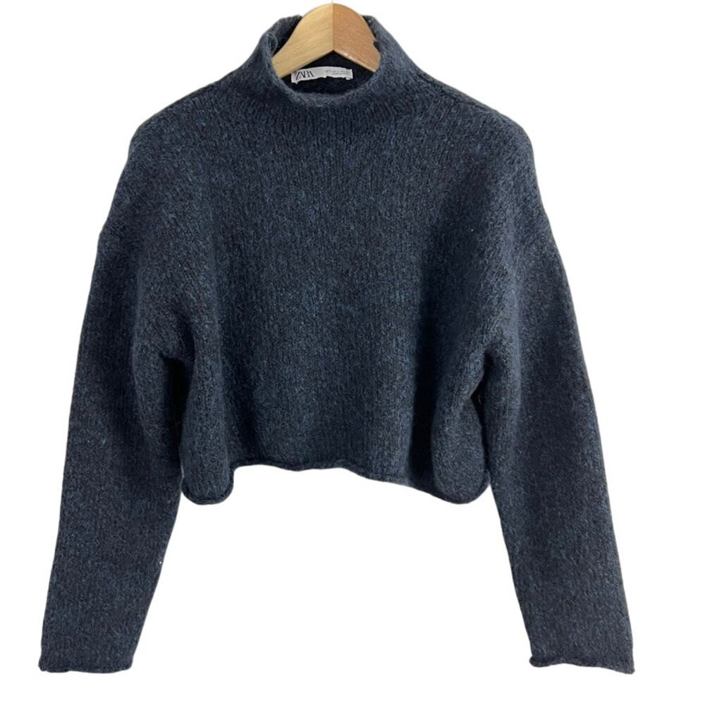 Zara Crop Knit Sweater Blue Women Size Small Boxy Oversized Wool Alpaca Blend